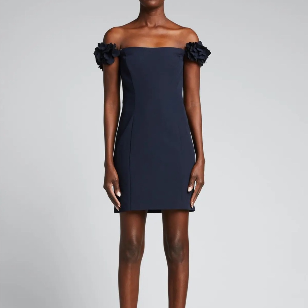Marchesa Notte NWT  $495 Navy Blue Square Neck 3D Flower Cocktail Dress SIZE 10